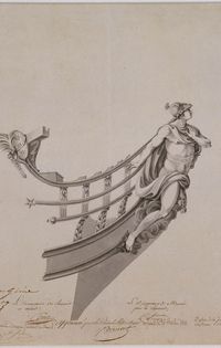 Ornements de poupe de l'Orion, 1810. dessin préparatoire de la décoration de la poupe du vaisseau / l'Orion. Y.E. Collet
