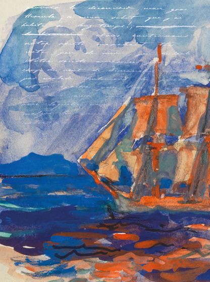 Détail du trois-mâts peint à l’aquarelle, voiles gonflées par le vent sous un ciel tourmenté, annotations manuscrites en marge.