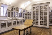 Salle de l’ancienne école de médecine navale de Rochefort avec vitrines en bois remplies de bocaux et instruments scientifiques anciens