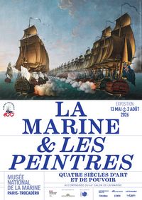 Affiche de l’exposition « La Marine et les peintres », scène de combat naval avec vaisseaux de ligne échangeant des tirs de canons dans une mer agitée