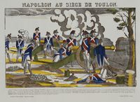Napoléon au siège de Toulon Estampe avec les soldats s'affairant autour de deux canons