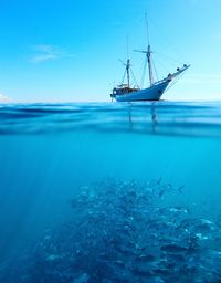 Vue d'un bateau de pêche et de poissons sous l'eau