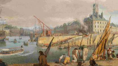 Détail du tableau Vue du port de Brest de Louis-Philippe Crépin : vue sur le port animé et le bâtiment de la Généralité, avec grues, embarcations et ouvriers au travail sur les quais.