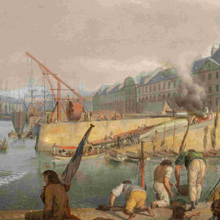 Détail du tableau Vue du port de Brest de Louis-Philippe Crépin : vue sur le port animé et le bâtiment de la Généralité, avec grues, embarcations et ouvriers au travail sur les quais.