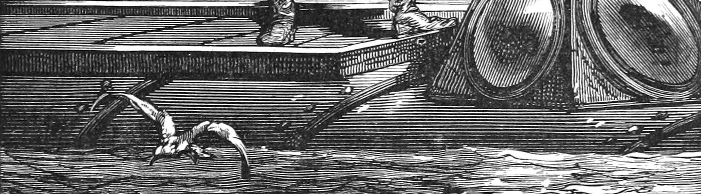 Illustration en noir et blanc du capitaine Nemo debout sur le pont du Nautilus, observant l’horizon marin et prenant la mesure du soleil avec un instrument de navigation