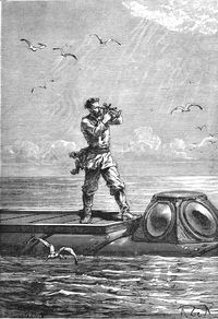 Illustration en noir et blanc du capitaine Nemo debout sur le pont du Nautilus, observant l’horizon marin et prenant la mesure du soleil avec un instrument de navigation