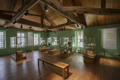 Salle des armes et de la vie à bord du Musée national de la Marine à Rochefort, sous une charpente en bois apparente, avec plusieurs vitrines présentant armes et objets du quotidien des marins, ainsi que des socles d'exposition au centre de la pièce.