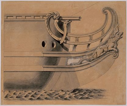 Dessin préparatoire de décoration navale représentant une figure allégorique sculptée à la proue d’un navire, traitée à l’encre sur papier, XVIIe-XVIIIe siècle
