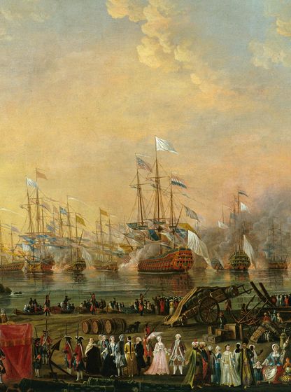 Vue des manœuvres navales à Toulon en juillet 1777, nombreux vaisseaux de ligne alignés en mer, scène observée depuis le rivage avec éléments décoratifs et foule, œuvre du Chevalier Flotte de Saint-Joseph
