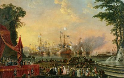 Vue des manœuvres navales à Toulon en juillet 1777, nombreux vaisseaux de ligne alignés en mer, scène observée depuis le rivage avec éléments décoratifs et foule, œuvre du Chevalier Flotte de Saint-Joseph