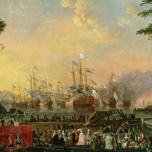 Vue des manœuvres navales à Toulon en juillet 1777, nombreux vaisseaux de ligne alignés en mer, scène observée depuis le rivage avec éléments décoratifs et foule, œuvre du Chevalier Flotte de Saint-Joseph