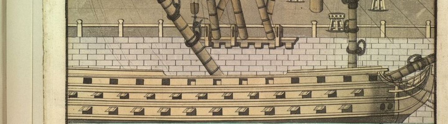 Gravure technique d’un navire à voilure détaillée issue du Recueil de machines pour la construction des vaisseaux de Louis Montier des Longchamps, XVIIIᵉ siècle.