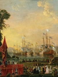 Vue des manœuvres navales à Toulon en juillet 1777, nombreux vaisseaux de ligne alignés en mer, scène observée depuis le rivage avec éléments décoratifs et foule, œuvre du Chevalier Flotte de Saint-Joseph