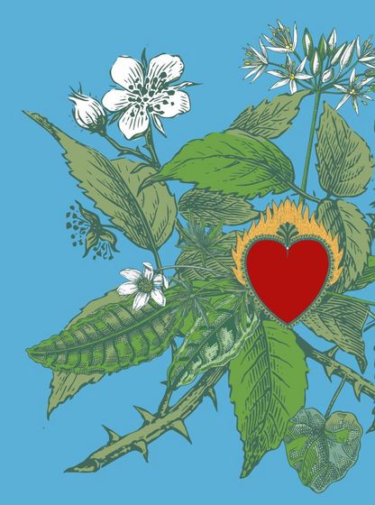 Affiche du festival Grande Marée 2025 à Brest et sa région, illustrée de fleurs et feuillages avec un cœur rouge flamboyant au centre, dates du 13 au 28 novembre 2025.