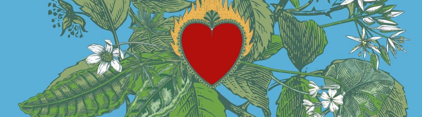 Affiche du festival Grande Marée 2025 à Brest et sa région, illustrée de fleurs et feuillages avec un cœur rouge flamboyant au centre, dates du 13 au 28 novembre 2025.