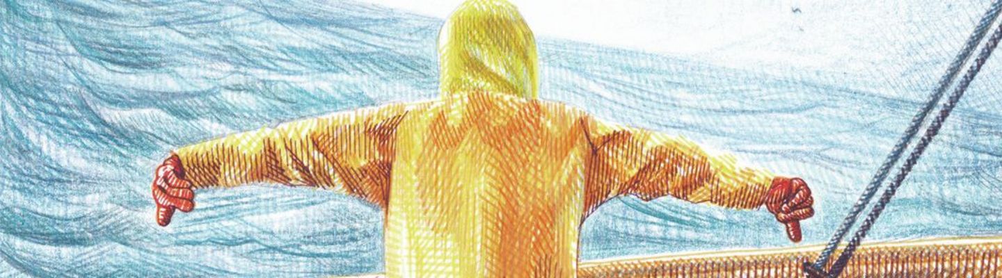 Couverture du livre « Haute Mer » montrant un marin en ciré jaune, bras ouverts face à une mer agitée à l’arrière d’un navire.