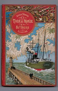 Showing a red and gold book with a drawing of a steamship named "J. Verne" sailing on a green sea towards a wooden pier with two people on it, against a background of a world map with clouds and a compass rose.