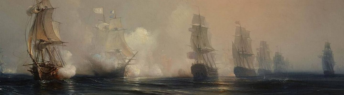 Peinture ancienne dans un cadre doré représentant la bataille de Chesapeake : plusieurs voiliers de guerre aux voiles déployées échangent des tirs de canon, dégageant une fumée blanche, sur une mer calme sous un ciel dégagé.