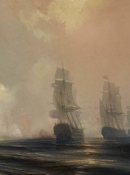 Peinture ancienne dans un cadre doré représentant la bataille de Chesapeake : plusieurs voiliers de guerre aux voiles déployées échangent des tirs de canon, dégageant une fumée blanche, sur une mer calme sous un ciel dégagé.