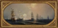 Peinture ancienne dans un cadre doré représentant la bataille de Chesapeake : plusieurs voiliers de guerre aux voiles déployées échangent des tirs de canon, dégageant une fumée blanche, sur une mer calme sous un ciel dégagé.
