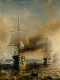 Flotte française en navigation entre Cherbourg et Brest, navires à vapeur et voiliers dans une mer agitée, peinture de Théodore Gudin