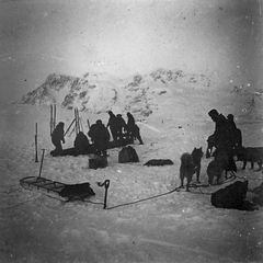 Photographie ancienne de l’expédition de Jean-Baptiste Charcot en Antarctique (1903-1905) montrant des explorateurs et leurs traîneaux à chiens sur la banquise, prise à bord du navire Le Français, attribuée à Paul Pléneau ou Ernest Gourdon.