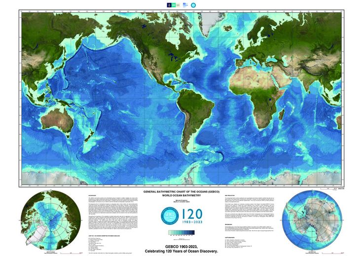 Carte bathymétrique mondiale en tons de bleu, représentant les profondeurs océaniques par dégradé de couleur, avec le logo GEBCO.