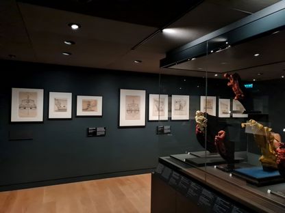 Accrochage de dessins encadrés sur murs sombres, accompagné de vitrines exposant œuvres et objets liés à la décoration navale
