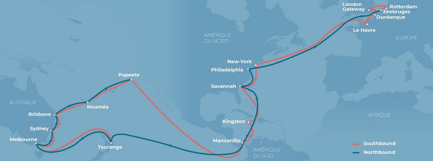 Carte maritime représentant un itinéraire de navigation avec des routes tracées sur les océans Atlantique, Indien et Pacifique, reliant l’Europe, l’Amérique du Sud et l’Asie.