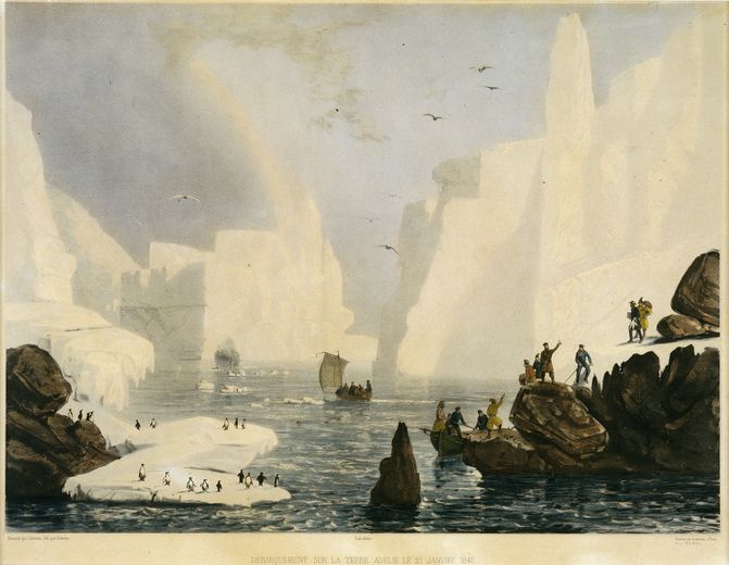 Scène polaire avec de hauts icebergs, des embarcations sur une mer froide et des hommes débarquant sur des rochers enneigés.