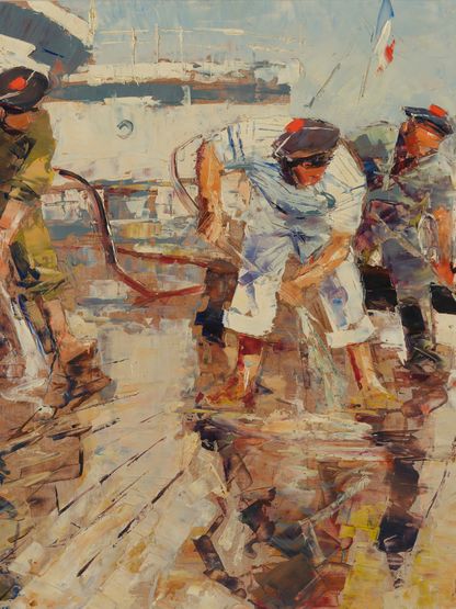 Scène de marins en train de laver le pont d’un navire, gestes dynamiques et reflets de l’eau sur le bois mouillé, composition colorée illustrant la vie quotidienne à bord, œuvre de Tony Cardella