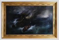 Scène nocturne dramatique de l’incendie du navire Kent en mer, flammes éclairant la coque et fumée épaisse sous un ciel sombre, peinture de Théodore Gudin