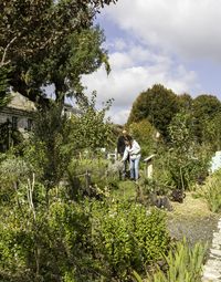 Deux visiteurs explorent le jardin pédagogique de l’École de médecine navale de Rochefort, entourés de plantes médicinales et aromatiques en pleine floraison