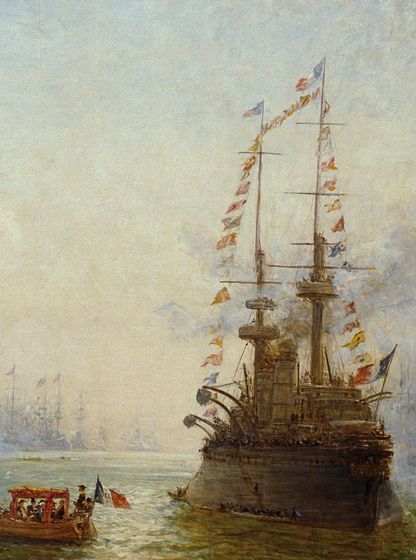 Peinture représentant la visite officielle du président Émile Loubet aux escadres française et italienne dans le port de Toulon en 1901.