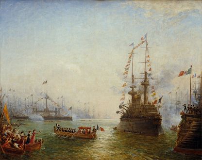 Painting depicting the official visit of President Émile Loubet to the French and Italian fleets in the port of Toulon in 1901.