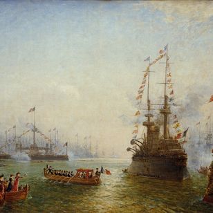Peinture représentant la visite officielle du président Émile Loubet aux escadres française et italienne dans le port de Toulon en 1901.