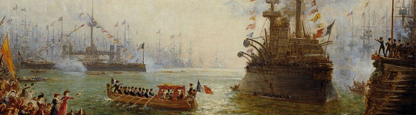 Peinture représentant la visite officielle du président Émile Loubet aux escadres française et italienne dans le port de Toulon en 1901.