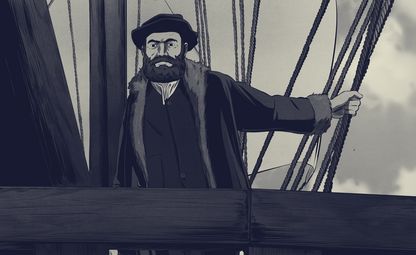 Illustration animée de Fernand de Magellan à bord de son navire, dans une mise en scène stylisée de la série « L’Incroyable périple de Magellan