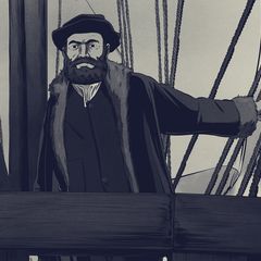 Illustration animée de Fernand de Magellan à bord de son navire, dans une mise en scène stylisée de la série « L’Incroyable périple de Magellan