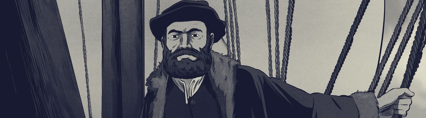 Illustration animée de Fernand de Magellan à bord de son navire, dans une mise en scène stylisée de la série « L’Incroyable périple de Magellan