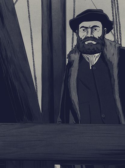 Illustration animée de Fernand de Magellan à bord de son navire, dans une mise en scène stylisée de la série « L’Incroyable périple de Magellan
