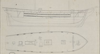 Plan du brick négrier La Vigilante et ses aménagements intérieurs