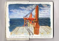 Dessin en couleur représentant une structure du navire vue depuis le pont, avec l’océan et le ciel en arrière-plan.