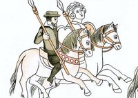 Illustration ancienne représentant un homme et une femme chevauchant côte à côte