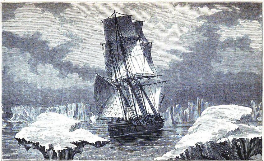 Gravure représentant un grand voilier à trois mâts naviguant en pleine mer, entouré de vagues et de nuages tourmentés.