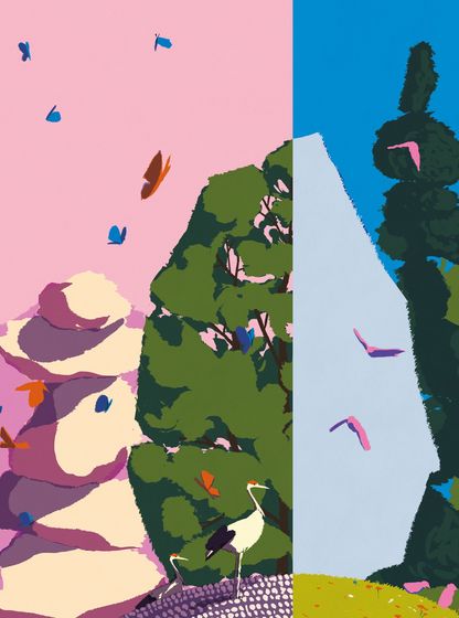 : Illustration colorée stylisée représentant un paysage naturel composé de rochers, d’arbres et d’oiseaux en vol, avec une palette vive de rose, bleu, vert et violet, réalisée pour l’édition 2025 des Rendez-vous aux jardins.