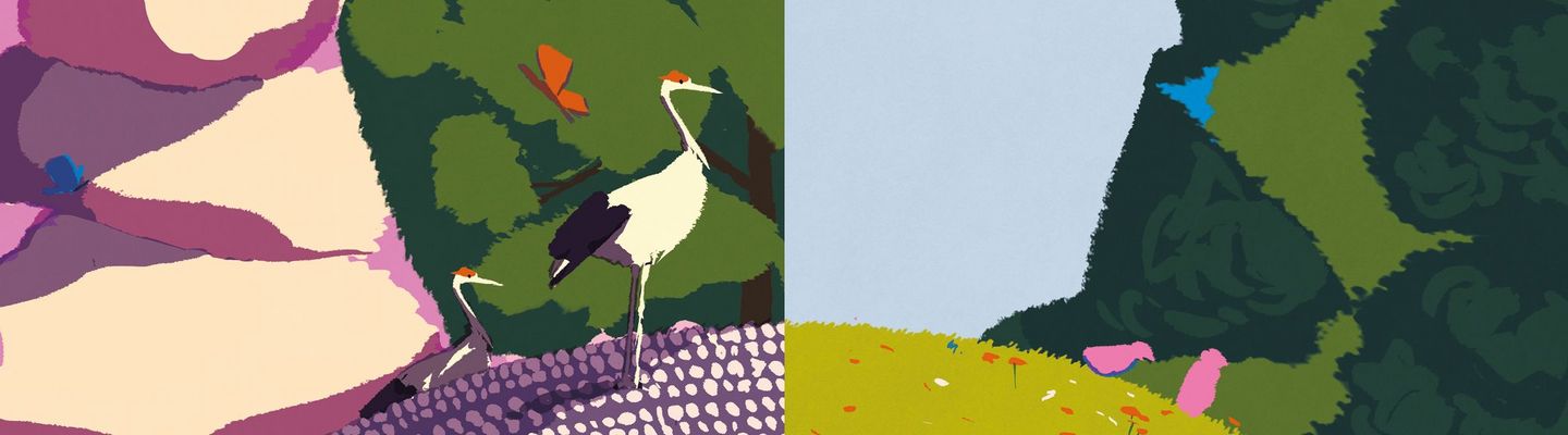 : Illustration colorée stylisée représentant un paysage naturel composé de rochers, d’arbres et d’oiseaux en vol, avec une palette vive de rose, bleu, vert et violet, réalisée pour l’édition 2025 des Rendez-vous aux jardins.