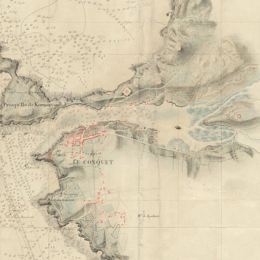 Carte ancienne de la rade de Brest et de ses environs en 1820, assemblée à partir de plans nautiques détaillant côtes, profondeurs et zones maritimes