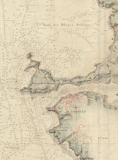 Carte ancienne de la rade de Brest et de ses environs en 1820, assemblée à partir de plans nautiques détaillant côtes, profondeurs et zones maritimes