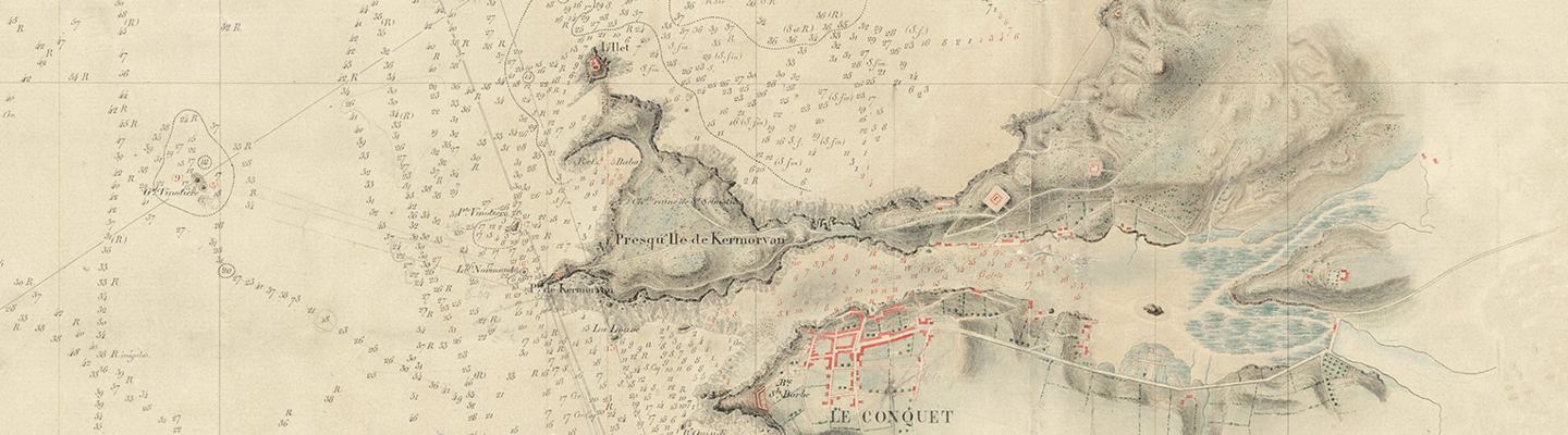 Carte ancienne de la rade de Brest et de ses environs en 1820, assemblée à partir de plans nautiques détaillant côtes, profondeurs et zones maritimes
